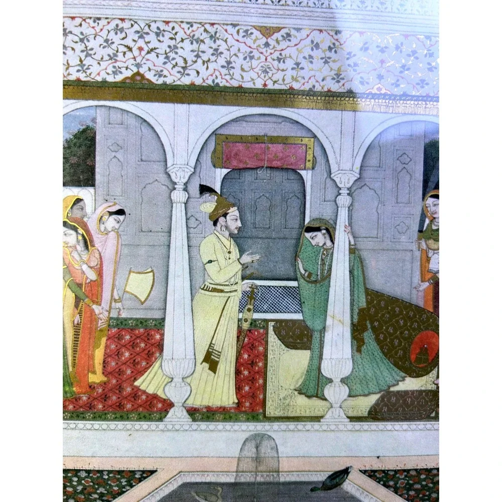 Vintage Framed Indian Nala and Damayanti Mahabharata Print Palace Scene Wall Art